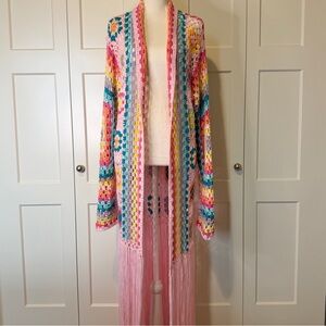 Fringed Granny Square Crochet Duster Cardigan Colorful Hippie Festival Women’s L